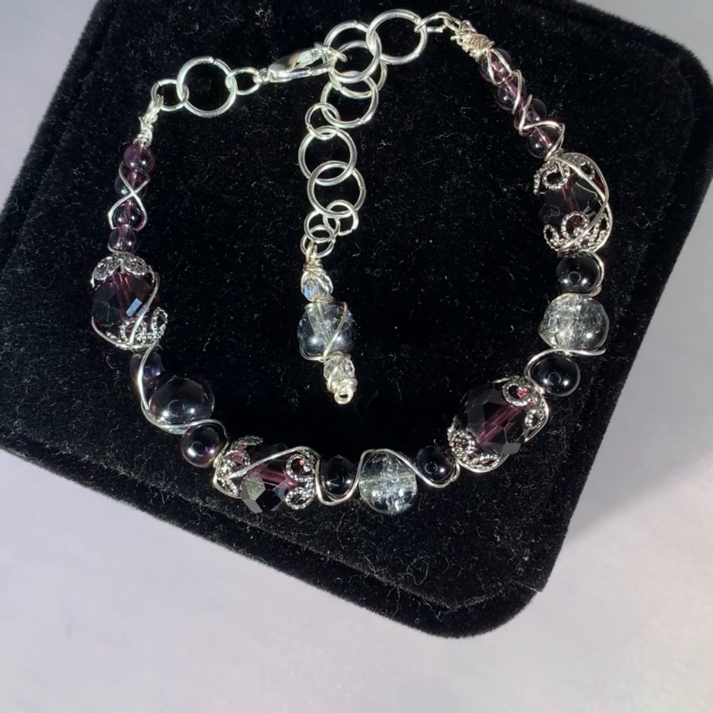 MOONLIT PROPHECY — Purple and Silver Glass Bead & Copper Wire Wrapped Bracelet
